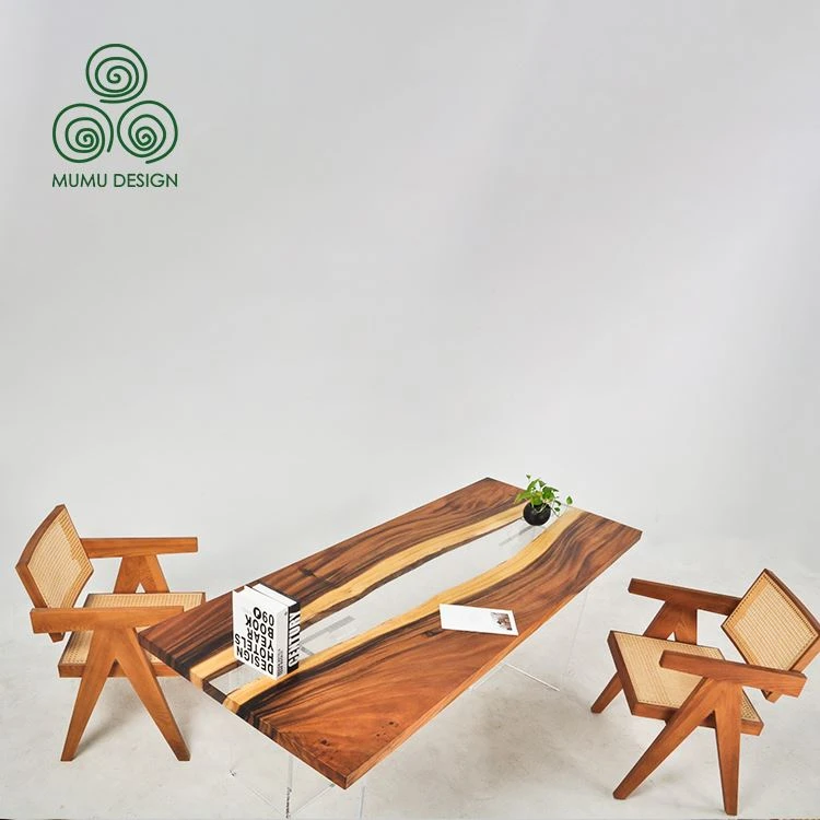 Custom-made transparent epoxy resin table with bench, walnut epoxy resin dining table, super transparent epoxy resin table and bench, river epoxy resin bench