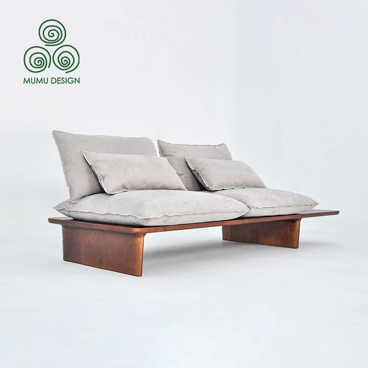 Mid-century modern walnut color fabric tufted two-seater sofa