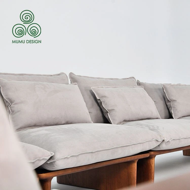 Mid-century modern walnut color fabric tufted two-seater sofa