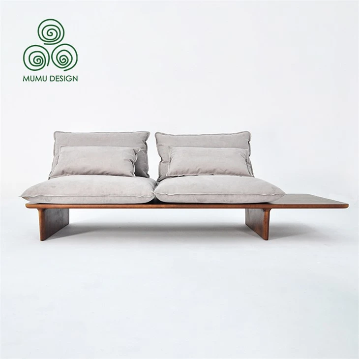 Mid-century Modern Walnut Color Fabric Tufted Two-seater Sofa