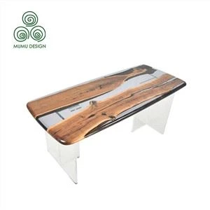 Farmhouse Wood Dining Table With Rectangular Solid Wood Top, Dual Stainless Steel Pedestal, Mid-Century Modern Style