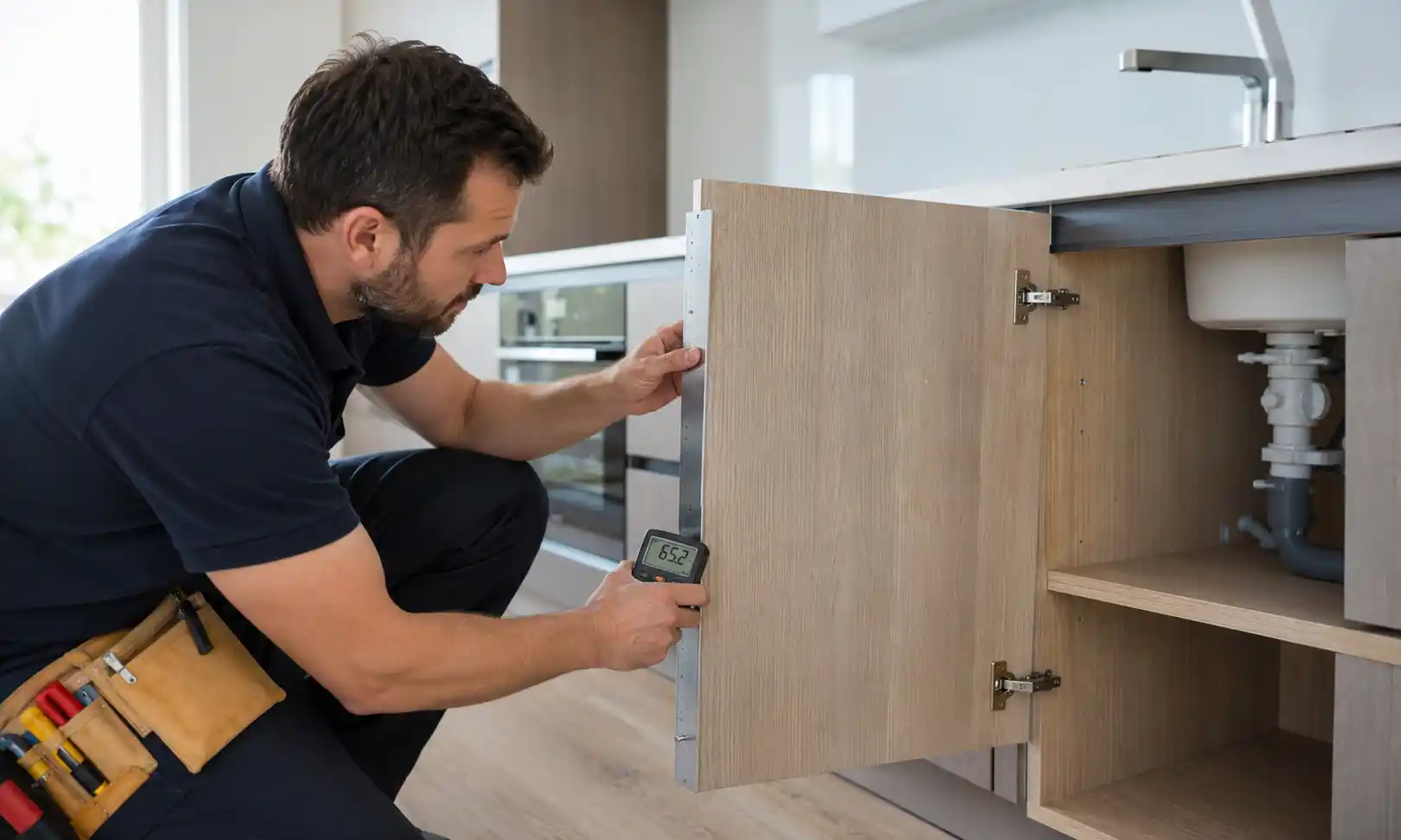 Technician inspecting a warped cabinet door after installation Technician inspecting a warped cabinet door after installation