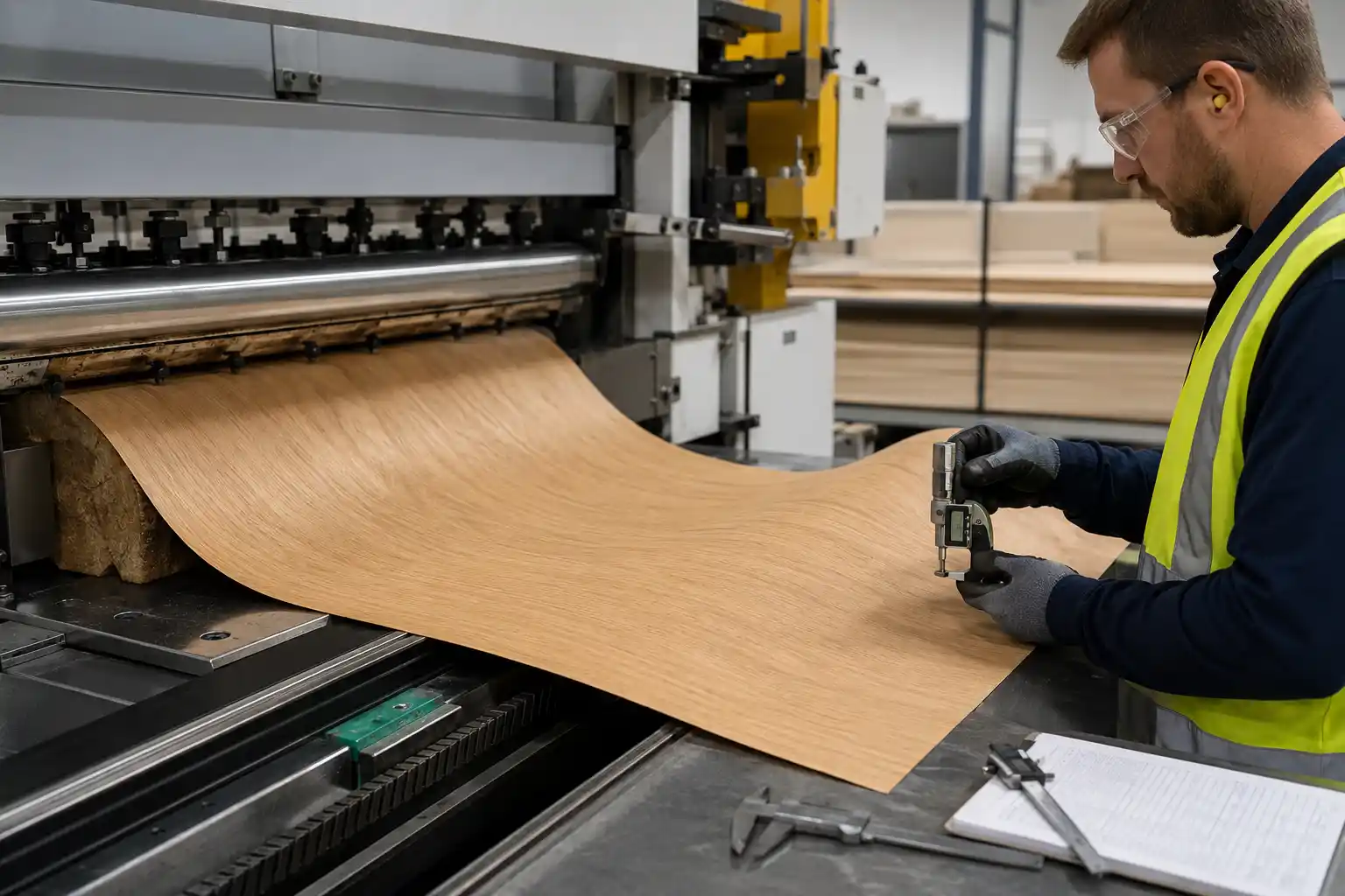 Precision wood veneer slicing and thickness inspection Precision wood veneer slicing and thickness inspection