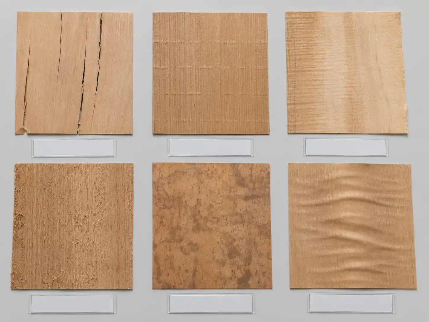 Common wood veneer defects including cracks and knife marks