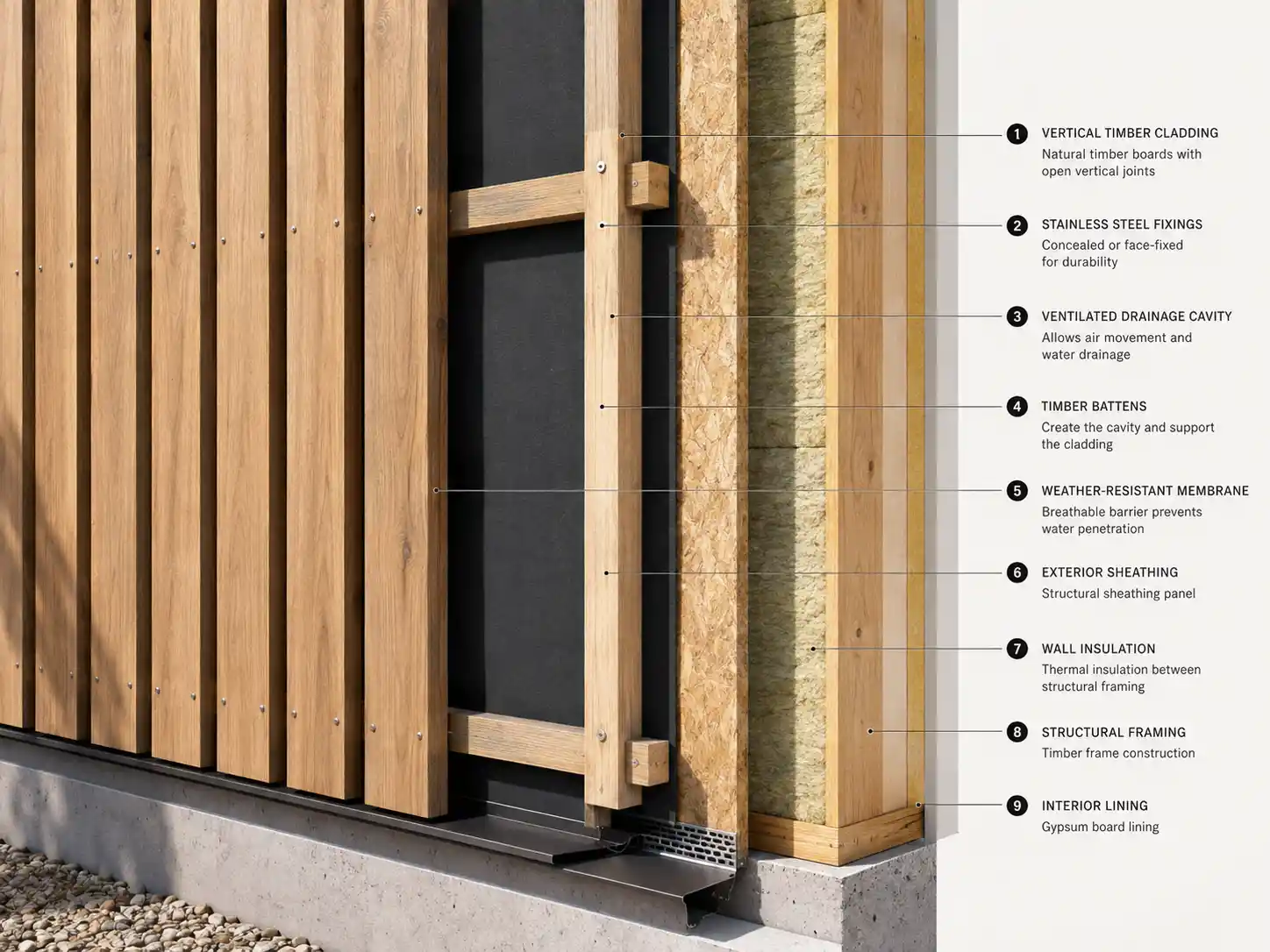 Open-joint timber cladding with ventilated wall cavity Open-joint timber cladding with ventilated wall cavity