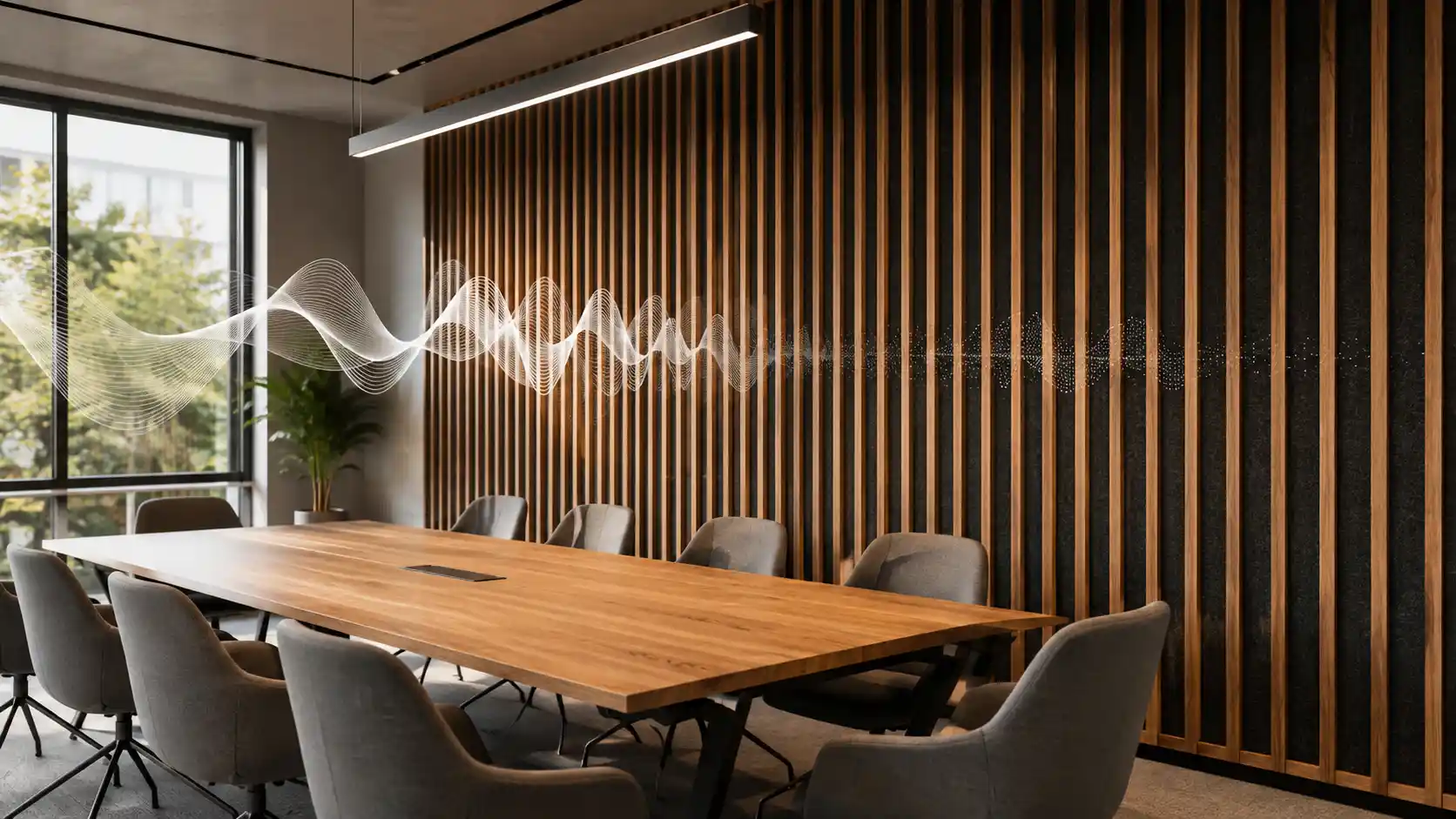 Wood slat acoustic panels reducing sound reflections in a meeting room