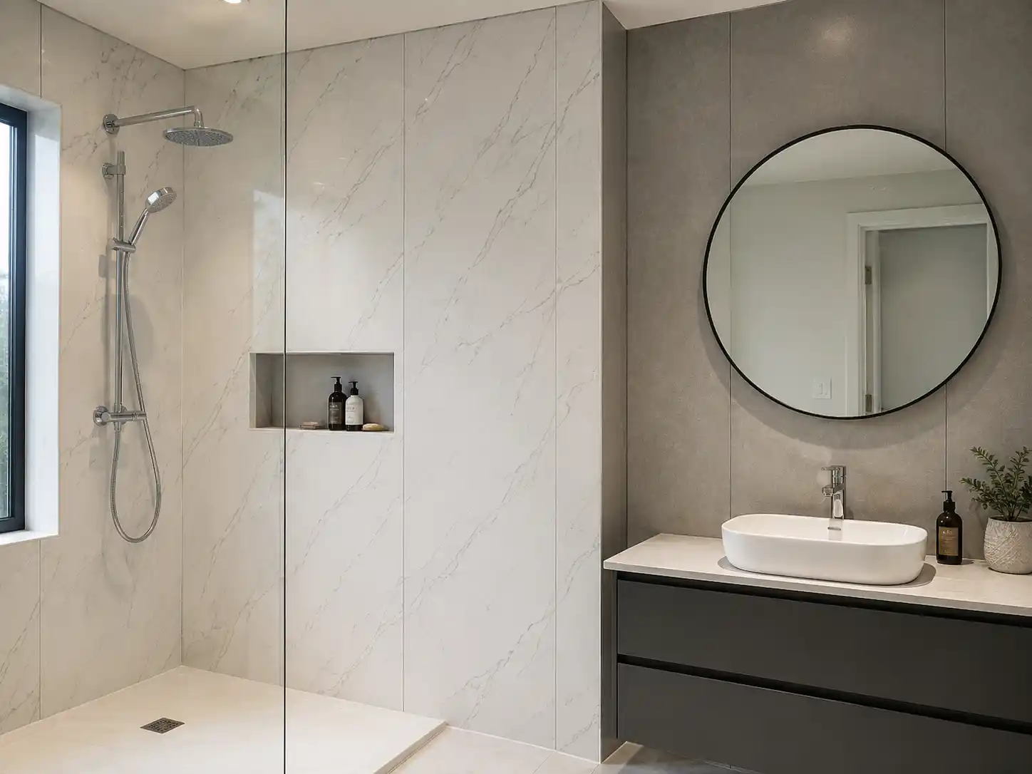 Bathroom wall panels in a modern shower and vanity area