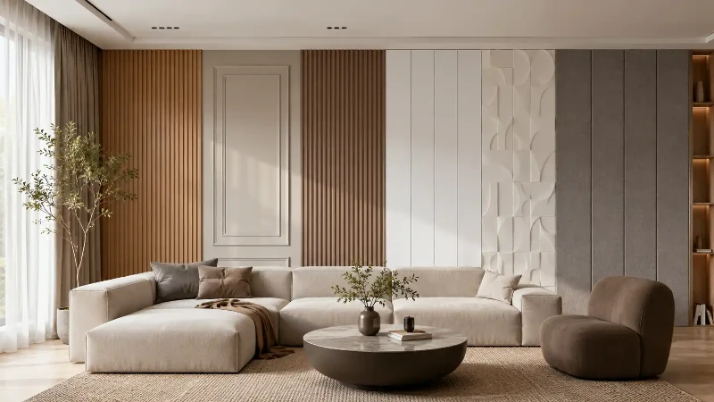 Interior wall panel materials in a modern room Interior wall panel materials in a modern room