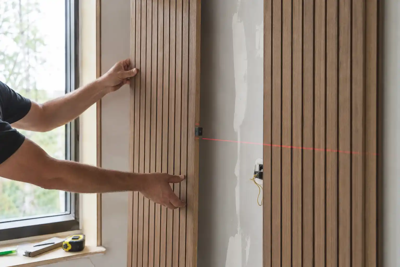 Installing vertical VJ wall panels using a laser level Installing vertical VJ wall panels using a laser level