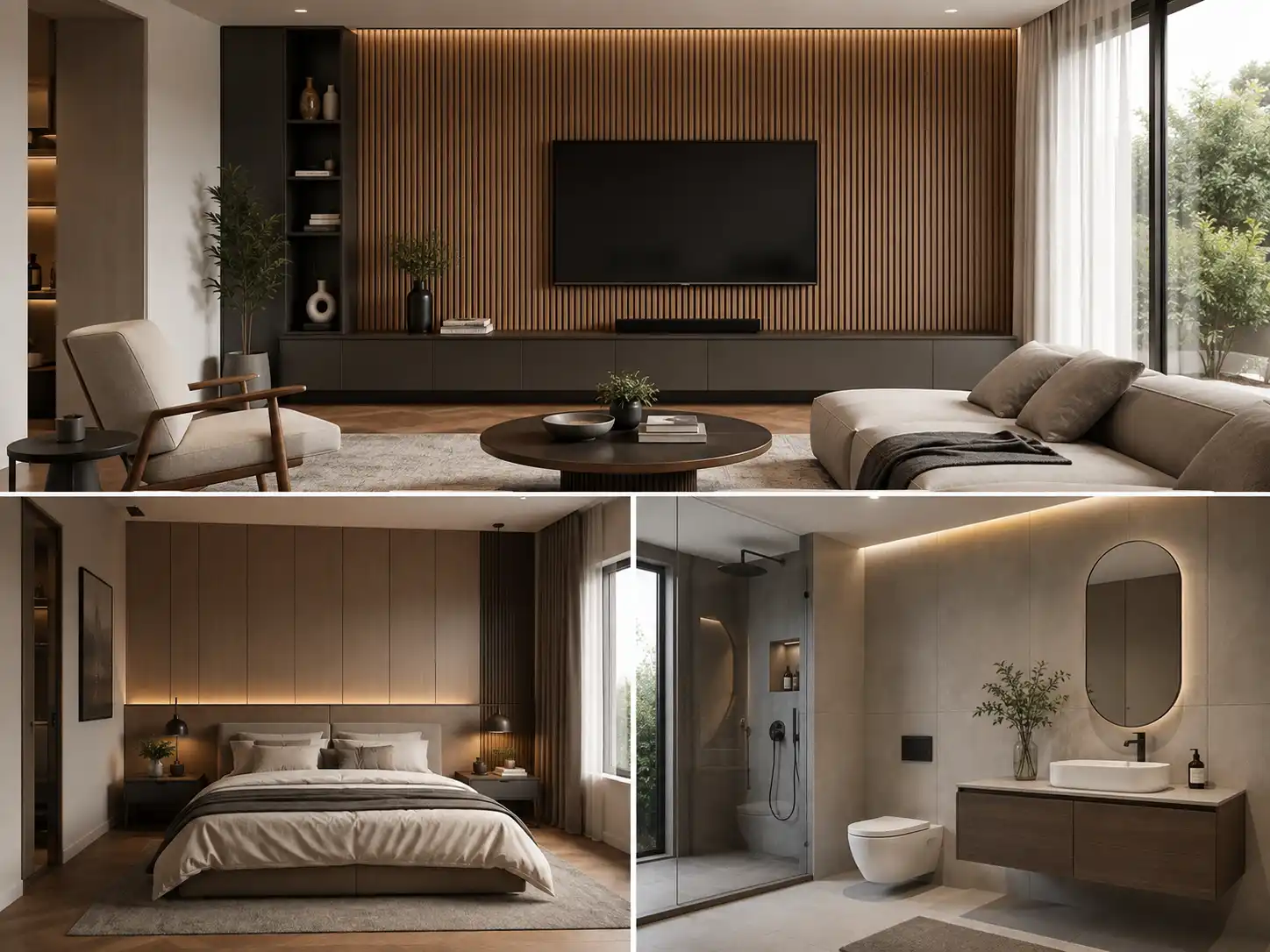 Wall panels in a living room, bedroom, and bathroom